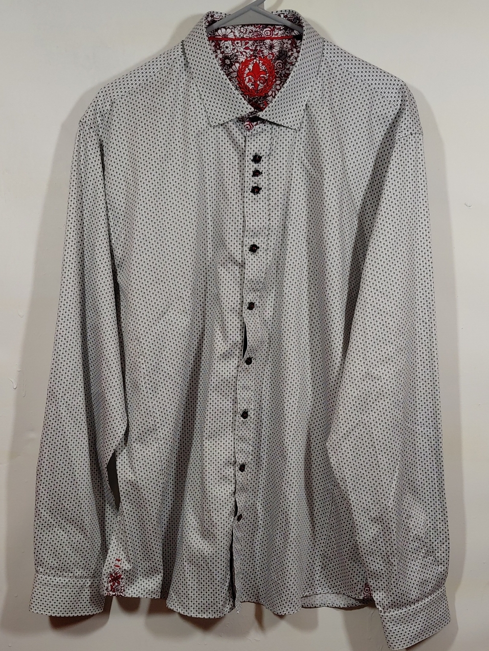 Au Noir Men's White Micro-Dot Dress Shirt with Red Contrast